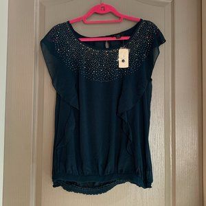 teal short sleeve blouse with embellishment